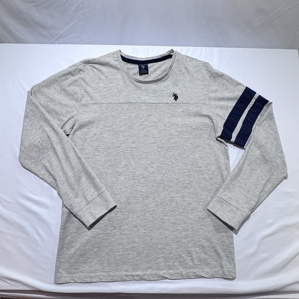 US Polo Assn Long Sleeve T-Shirt Mens L Heathered Tan Gray w/Blue Stripes & Logo